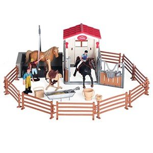Horse Stable Playet Toys with Horse Wash Area and Fence Toy Figures, 31 Pieces Horse Barn Horse Stall Set with Mustang Stallion, Horse Toys Gift for Boys and Girls