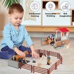 Horse Stable Playet Toys with Horse Wash Area and Fence Toy Figures, 31 Pieces Horse Barn Horse Stall Set with Mustang Stallion, Horse Toys Gift for Boys and Girls