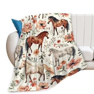 Horse Blanket Cute Horses Flowers Decor Throw Blanket Gifts for Girls Boys Animal Lover Couch Bedding Super Warm Soft Plush Lightweight Fleece Flannel Blanket for Kids Adults Men Women 50"X40"