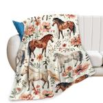 Horse Blanket Cute Horses Flowers Decor Throw Blanket Gifts for Girls Boys Animal Lover Couch Bedding Super Warm Soft Plush Lightweight Fleece Flannel Blanket for Kids Adults Men Women 50"X40"