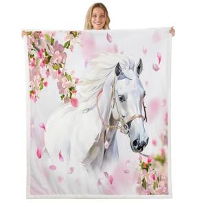 Feelyou White Horse Throw Blanket Girls Pink Floral Farmhorse Fleece Blanket Kids Adults Wild Animal Design Sherpa Blanket for Bed Sofa Chair Bedroom Decor Wildlife Plush BlanketThrow 50"x60"