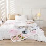 Feelyou White Horse Throw Blanket Girls Pink Floral Farmhorse Fleece Blanket Kids Adults Wild Animal Design Sherpa Blanket for Bed Sofa Chair Bedroom Decor Wildlife Plush BlanketThrow 50"x60"