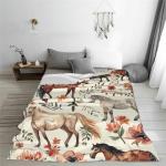 Horse Blanket Cute Horses Flowers Decor Throw Blanket Gifts for Girls Boys Animal Lover Couch Bedding Super Warm Soft Plush Lightweight Fleece Flannel Blanket for Kids Adults Men Women 50"X40"