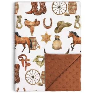 Western Cowboy Baby Blanket for Boys, Horse Theme Toddler Soft Minky Blanket with Double Layer Dotted Backing, Nursery Newborn Baby Crib Receiving My First Rodeo, 30"x40"