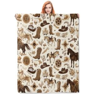 VANZEV Western Cowboy Themed Flannel Blanket,Vintage Icons and Horses Soft Lightweight Throw Blankets Gifts for Adults Western Lovers,50" x 60" Perfect for Couch Bed Home Travel Decor