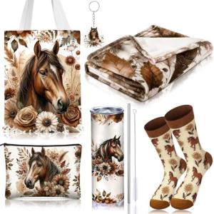 Tiangrid 6 Pcs Horse Gifts for Women Include 20 oz Horse Stainless Steel Tumbler with Lid Straw Cosmetic Bag Just A Girl Who Loves Horses Throw Blanket Keychain Socks Handbag for Women Girls