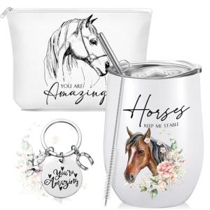 Sieral 3 Pcs Horse Lover Gifts for Women Girls Horse Wine Tumbler Gift Set for12 oz Stainless Steel Tumbler Cup with Lid Cosmetic Bag Keychain for Birthday Themed Animal Lovers Trainer