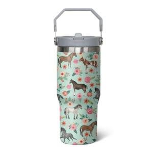 qwpmvhsak 30 oz Horse Flip Straw Tumbler with Handle, Cute Floral Horse Insulated Stainless Tumbler Coffee Cups Water Bottle CoffeeTravel,Horses Gifts for Women Horse Lovers Girls