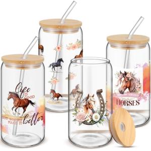 Reallnaive 4 Pack Horse Gift Cups for Women 16 oz Glass Jar Tumbler with Lid and Straw Girl Floral Horse Lovers Coffee Mug Equestrian Racing Gift for Tea Coffee Cold Drink