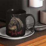 Custom Name Black Mug, Western Horse With Desert Landscape Design Ceramic Cup, Personalized Unique Horse Coffee Mug, Customized Horse Riders Black Mug 11oz 15oz, Gift For Women Men