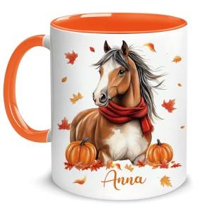 Hyturtle Personalized Cute Fall Horse Mug - Horse Gift For Women - Autumn Animals For Lovers - Maple Leaf Animals Present For Her Decor Thanksgiving - Custom Name Coffee Cup Ceramic Mug 11 Oz 15 Oz