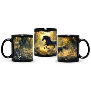 Custom Name Black Mug 11oz 15oz, Gift For Horse Lovers, Personalized Horse And Forest Scene Ceramic Cup, Customized Nature Themed Coffee Cup, Horse Enthusiasts Full Wrap Mug, 1PCS