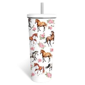 WWHSAI Horse Tumbler with Lid 24oz, Horse and Floral Gifts for Women Girls Kentucky Derby Party Horses Racing Birthday, Stainless Steel Insulated Horses Travel Cup Double Wall Vacuum Insulated Mug