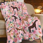 Horse Blanket Gifts for Girls Women Western Horses Flowers Fleece Flannel Throw Blankets Soft Lightweight Horse Plush Animal Pink Throws for Horse Lovers Kids Adults Bed Sofa Decor 50"x40"