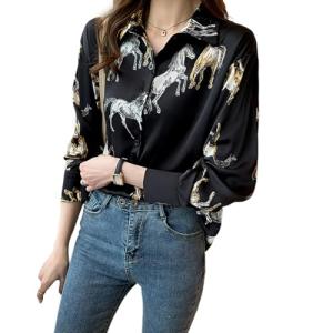 Womens Button Down V Neck Shirts Long Sleeve Casual Dressy Horse Printed Blouses Tops (US, Alpha, X-Large, Regular, Regular, Black)