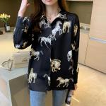 Womens Button Down V Neck Shirts Long Sleeve Casual Dressy Horse Printed Blouses Tops (US, Alpha, X-Large, Regular, Regular, Black)