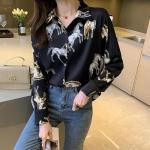 Womens Button Down V Neck Shirts Long Sleeve Casual Dressy Horse Printed Blouses Tops (US, Alpha, X-Large, Regular, Regular, Black)