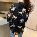 Womens Button Down V Neck Shirts Long Sleeve Casual Dressy Horse Printed Blouses Tops (US, Alpha, X-Large, Regular, Regular, Black)