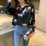 Womens Button Down V Neck Shirts Long Sleeve Casual Dressy Horse Printed Blouses Tops (US, Alpha, X-Large, Regular, Regular, Black)