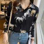 Womens Button Down V Neck Shirts Long Sleeve Casual Dressy Horse Printed Blouses Tops (US, Alpha, X-Large, Regular, Regular, Black)