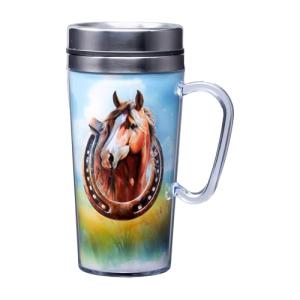 Spoontiques Insulated Travel Mug, 14oz - Double Wall Stainless & Acrylic Drink Cup with Twist Top Lid & Handle - Horse