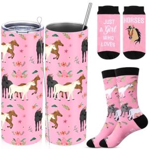 Funnymoom 2 Pack Horse Gifts Set Skinny Tumbler 20 oz Travel Coffee Mug Novelty Cute Animals Socks, Christmas Birthday Party Gifts for Horse Themed