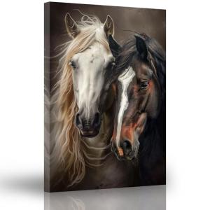 ARTZGX Horse Wall Art Black White and Brown Horse Poster Canvas Running Animals Pictures Painting for Living Room Decor Frame(White 12L x 18W)