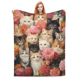 amepay Cute Cat Blanket Gifts for Floral Lovers Girls Women Kitten Flower Flannel Throw Blankets for Home Couch Bed Sofa Soft Christmas Lightweight Decor All Season 60x50 Inches