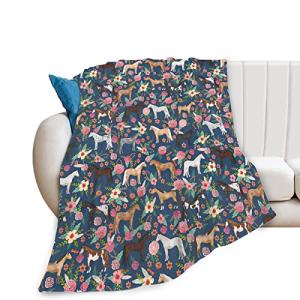 Horse Blanket Gifts for Girls Women Western Horses Flowers Animal Fleece Flannel Throw Blankets Soft Lightweight Horse Plush Stuff Blue Throws for Kids Adults Bed Sofa Decor 50" x40