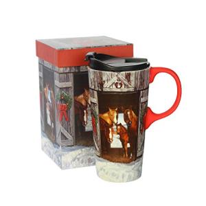 Topadorn Christmas Ceramic Mug Porcelain Coffee Cup with Spill-proof Lid and Gift Box,Holiday Horses
