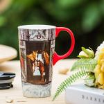 Topadorn Christmas Ceramic Mug Porcelain Coffee Cup with Spill-proof Lid and Gift Box,Holiday Horses