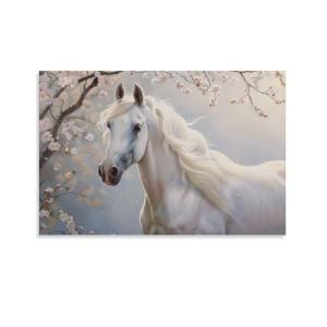 Cherry Blossom Elegant Animals White Horse Poster Print Canvas Wall Art Pictures Home Decor for Living Room Hallway Bathroom Office Wall Decor 12x18inch(30x45cm)