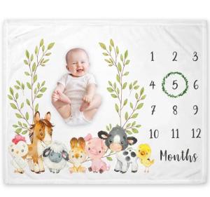 Yuzioey Farm Animals Milestone Blanket, Farm Baby Growth Chart Monthly Blanket, Watch Me Grow Baby Nursery, Horse Cow Sheep Pig, Includes Marker (50"x40")