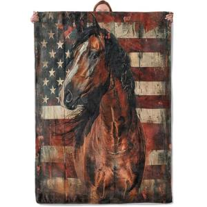 Horse American Flag Theme Blanket Gifts for Women Girls, Soft Warm Lightweight Flannel Throw Blankets for Living Room Home Sofa Travel Decor 50" x 60"