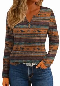 IWOLLENCE Womens Long Sleeve Aztec Western T Shirts Vinatge Animal Geometry Graphic Henley Tops Seniors Casual Button V Neck Blouse Early Fall Horse Diamond Stripe, M