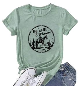 Be Still and Know Shirts for Women Venture Ride a Horse Pattern Print Spring Soft Round Neck Adventure Hiking Tee Tops(Pale Green L)