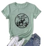 Be Still and Know Shirts for Women Venture Ride a Horse Pattern Print Spring Soft Round Neck Adventure Hiking Tee Tops(Pale Green L)