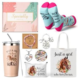 Y1tvei Horses Canvas Bag Gifts - 61Pcs Just A Girl Who Loves Horses Canvas Tote Bag Makeup Pouch, Thermos Cup Stockings Pink Bracelet Card Heart Necklace Stickers Keychain, Horse Lover Gifts for Girls