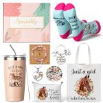 Y1tvei Horses Canvas Bag Gifts - 61Pcs Just A Girl Who Loves Horses Canvas Tote Bag Makeup Pouch, Thermos Cup Stockings Pink Bracelet Card Heart Necklace Stickers Keychain, Horse Lover Gifts for Girls