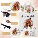 Y1tvei Horses Canvas Bag Gifts - 61Pcs Just A Girl Who Loves Horses Canvas Tote Bag Makeup Pouch, Thermos Cup Stockings Pink Bracelet Card Heart Necklace Stickers Keychain, Horse Lover Gifts for Girls