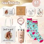 Y1tvei Horses Canvas Bag Gifts - 61Pcs Just A Girl Who Loves Horses Canvas Tote Bag Makeup Pouch, Thermos Cup Stockings Pink Bracelet Card Heart Necklace Stickers Keychain, Horse Lover Gifts for Girls