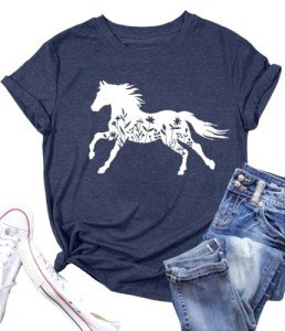 Horse Shirts for Women Horse Lover Tshirt Horse Riding Tee Shirt Floral Horses Animal Gift Short Sleeve Tops Cyan