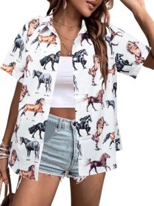 Western Button Up Shirts Women: Retro Cowgirl Shirt Rodeo Shirts Hawaiian Summer Vacation Short Sleeve Top Blouses