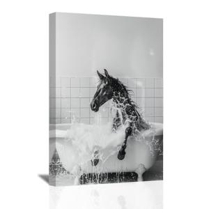 SWQYLB Funny Horse Bathroom Decor Cute Horse in Bathtub Wall Art Animal on Toilet Poster Prints Black and White Bathroom Animal Painting Rustic Bath Decor (Black, 12.00" x 18.00")