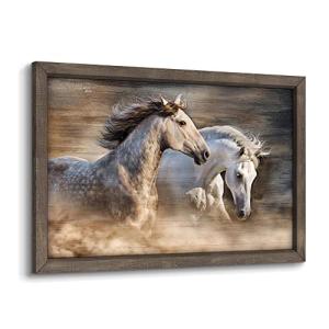 Framed Horse Wall Art Picture: Two Horses Art Running Horse Painting Horse Artwork Painted Wood for Bedroom(12x16)