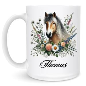 Horse Lover’s Custom Ceramic Mug 11oz 15oz - Personalized Name Animal Coffee Cup with Floral Horse Art - Unique Equestrian Coffee and Tea Cup