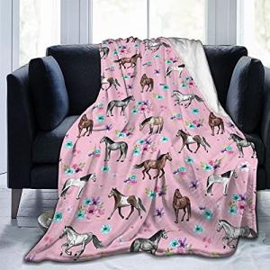 Knsoiv 3D Flannel Plush Throw Blanket, Horses Flowers Pink Pattern Little Girls Room Watercolor Blankets for Better Relaxing, Super Cozy Air Conditioning Blanket 50"X40"