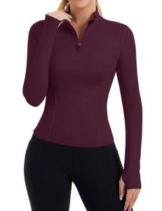 ZHENWEI Workout Shirt Women Long Sleeve Quarter Zip Pullover Quick Dry Athletic Slim Fit Golf Yoga Gym Tops with Thumb Hole (Wine Red,L)
