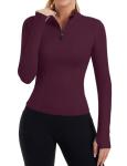 ZHENWEI Workout Shirt Women Long Sleeve Quarter Zip Pullover Quick Dry Athletic Slim Fit Golf Yoga Gym Tops with Thumb Hole (Wine Red,L)
