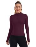 ZHENWEI Workout Shirt Women Long Sleeve Quarter Zip Pullover Quick Dry Athletic Slim Fit Golf Yoga Gym Tops with Thumb Hole (Wine Red,L)